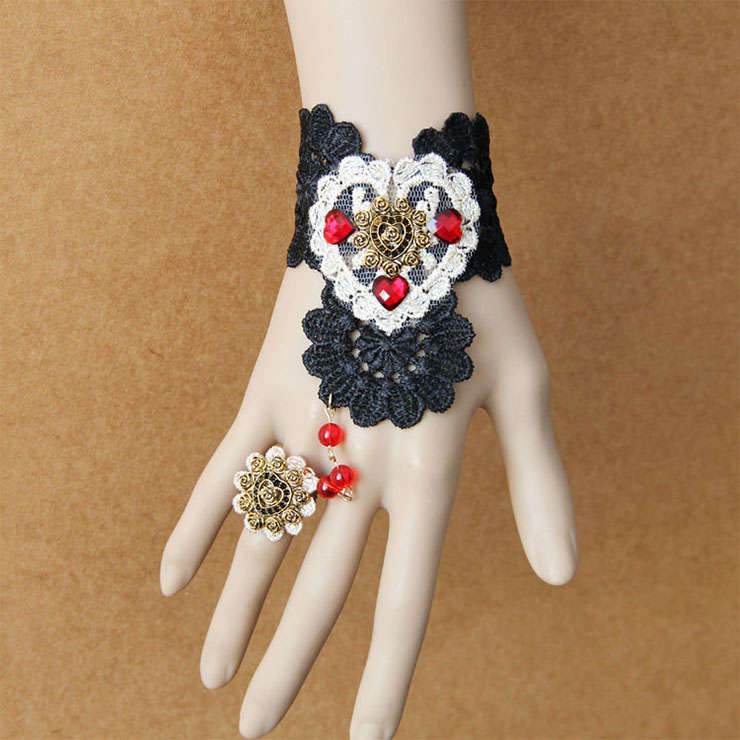 Victorian Gothic Lace Wristband Bronze Rose Embellishment Bracelet with Ring J17797