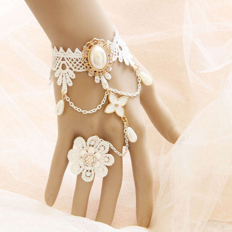 White Vintage Floral Lace Gem Wristband Metal Ring Bride Bracelet J17816