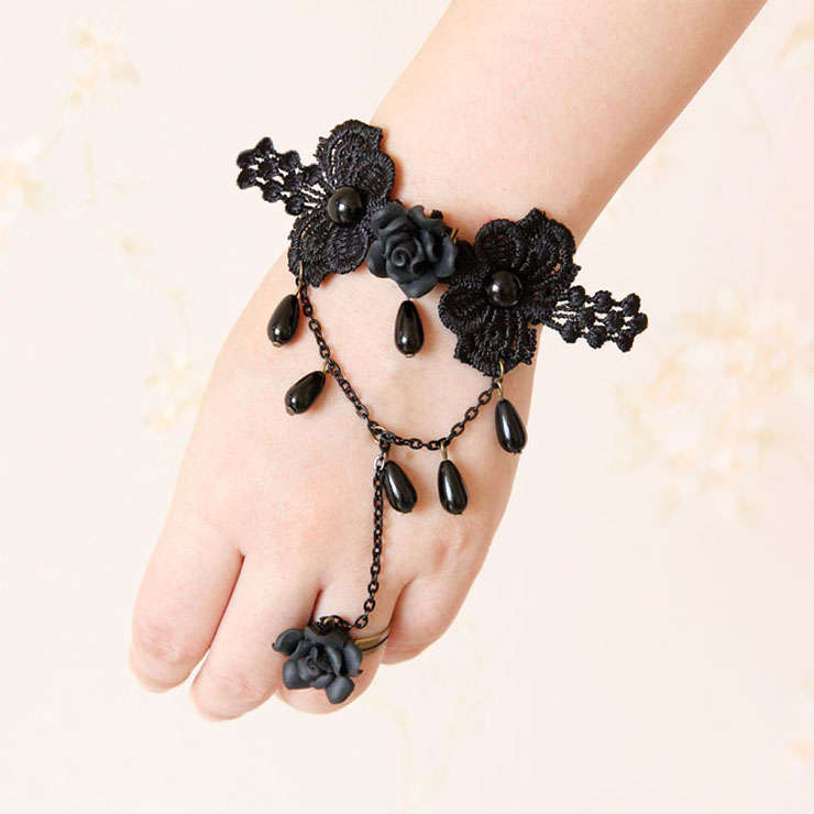 Gothic Black Floral Lace Wristband Rose Embellishment Bracelet with Ring J17835