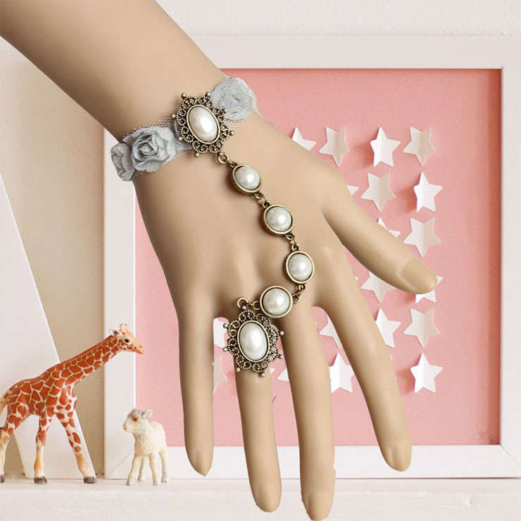 Vintage Lace Wristband Jewel Embellishment Bracelet with Ring J17857