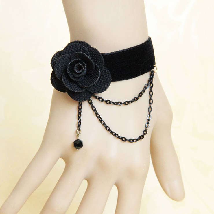 Gothic Black Wristband Floral Embellishment Bracelet J17864