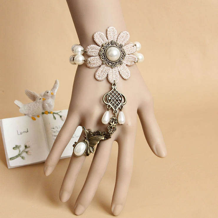 Vintage Embroidery Flower Pearl Wristband Metal Ring Bracelet J17871