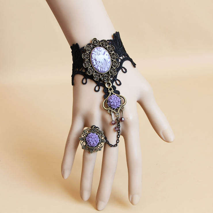 Fashion Black Gothic Lace Wristband Gem Bracelet with Ring J17877