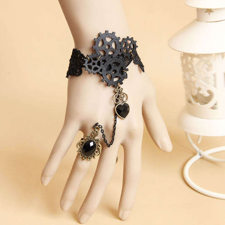 Fashion Black Gothic Punk Style Lace Wristband Gear Bracelet with Ring J17882