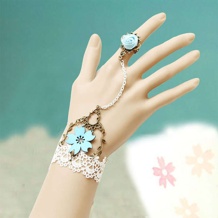 Vintage White Lace Wristband Flower Embellishment Bracelet with Ring J17886