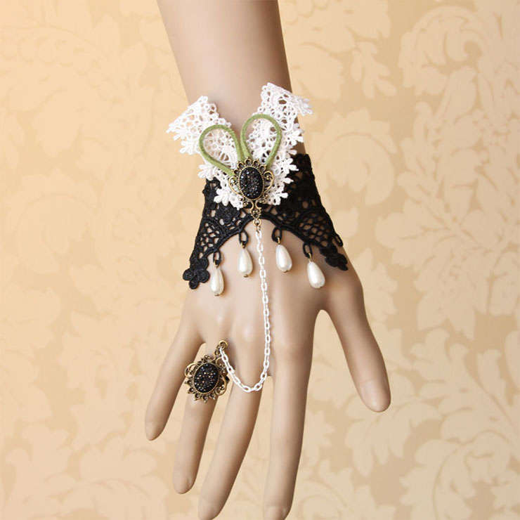 Retro Gothic Black Lace Wristband Gem Embellishment Bracelet with Ring J17906