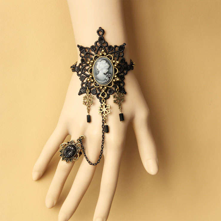 Victorian Gothic Black Lace Wristband Bronze Metal Snowflake Embellishment Bracelet with Ring J17929