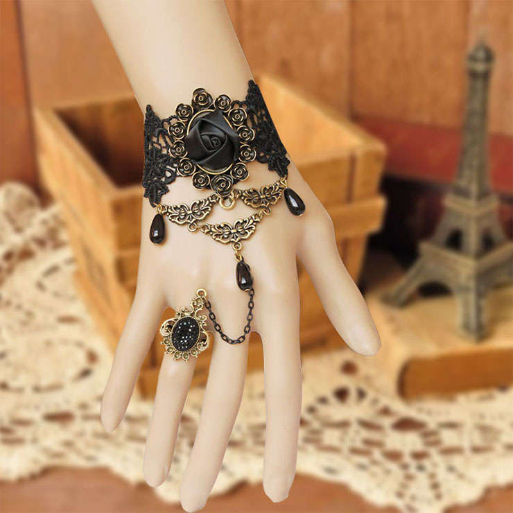 Victorian Gothic Black Lace Wristband Rose Embellishment Bracelet with Ring J17989
