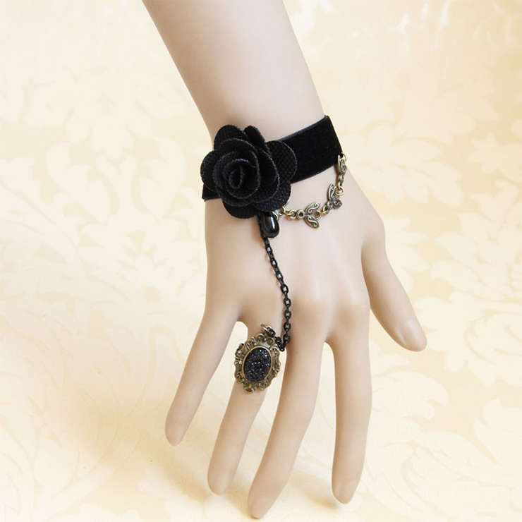 Gothic Black Wristband Rose Embellished Bracelet with Ring J18062