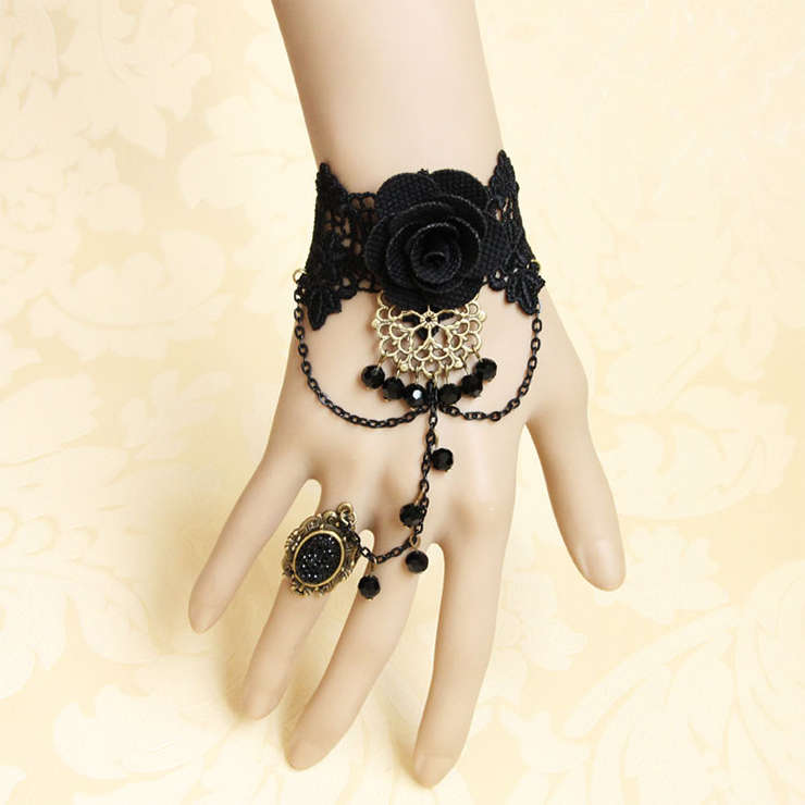Victorian Gothic Black Floral Lace Wristband Rose Bracelet with Ring J18064