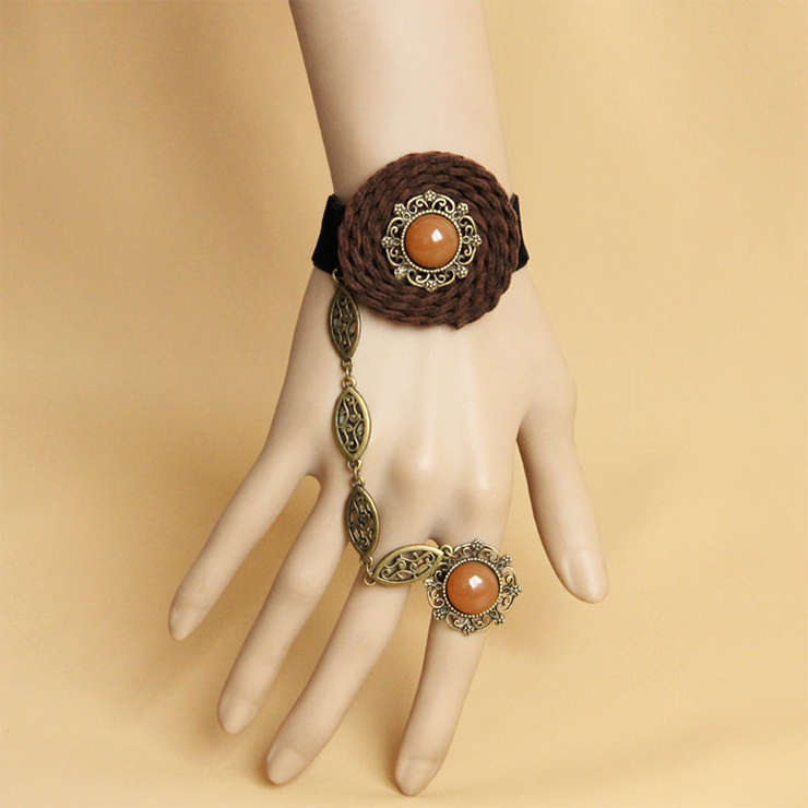 Vintage Black Wristband Gem Embellished Bracelet with Ring J18067