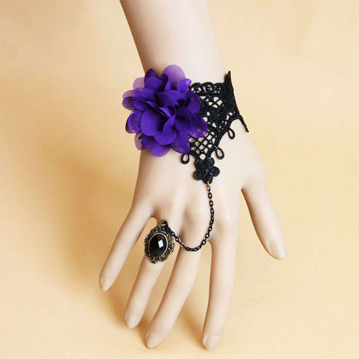 Victorian Gothic Black Floral Lace Wristband Purple Flower Bracelet with Ring J18095