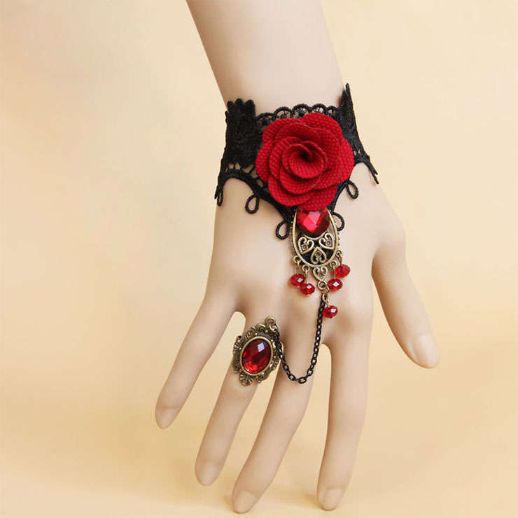 Goehic Black Lace Wristband Red Rose Gem Embellished Bracelet with Ring J18109