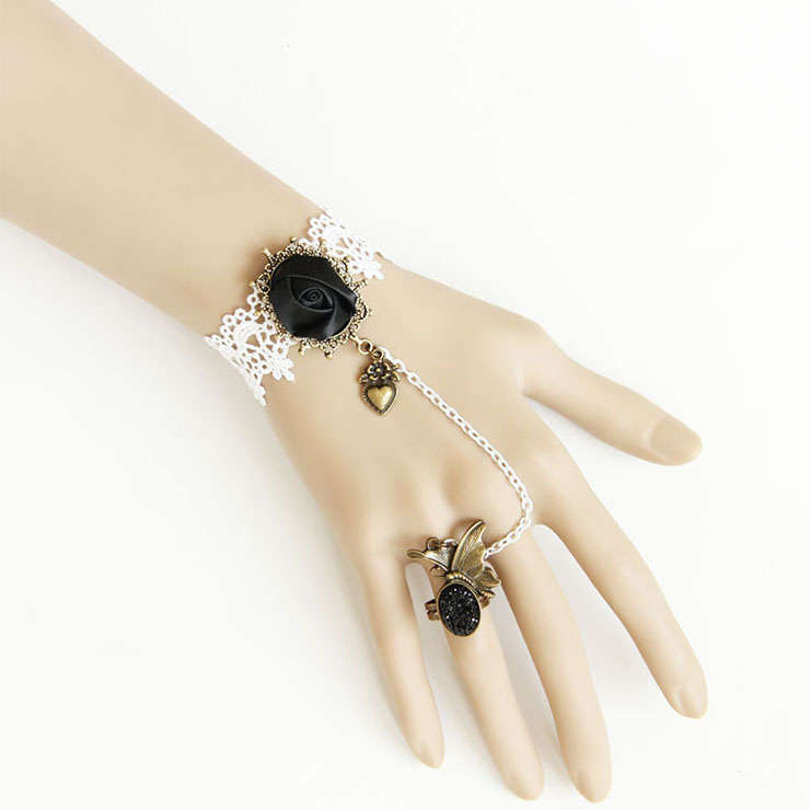 Goehic White Lace Wristband Black Rose Embellished Bracelet with Ring J18112