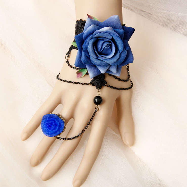 Victorian Gothic Black Floral Lace Wristband Royalblue Rose Bracelet with Ring J18118