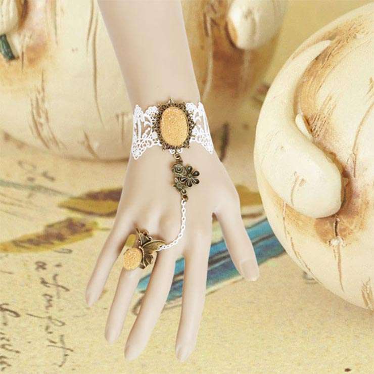 Retro White Lace Wristband Champagne Gem Embellished Bracelet with Ring J18120