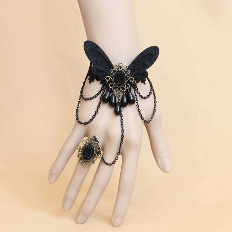 Gothic Black Lace Wristband Black Butterfly Embellished Bracelet with Ring J18126
