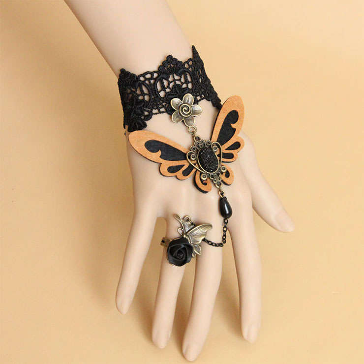 Gothic Black Lace Wristband Orange Butterfly Embellished Bracelet with Ring J18127