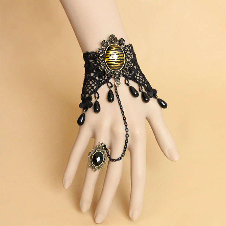 Gothic Black Lace Wristband Tigrine Time Gem Embellished Bracelet with Ring J18128