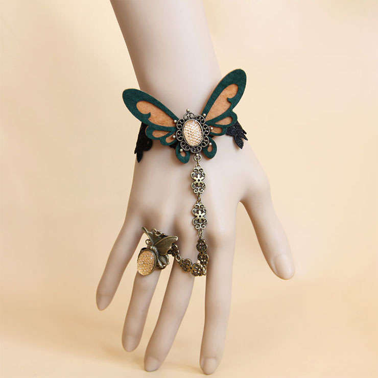 Gothic Black Lace Wristband Butterfly Champagne Gem Embellished Bracelet with Ring J18143