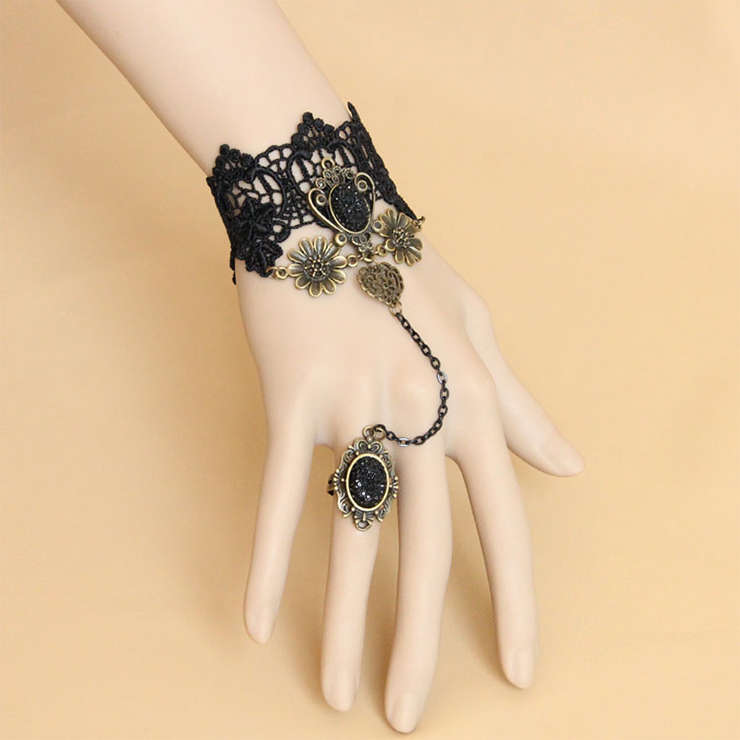 Gothic Black Lace Wristband Gem Bronze Daisy Embellished Bracelet with Ring J18162