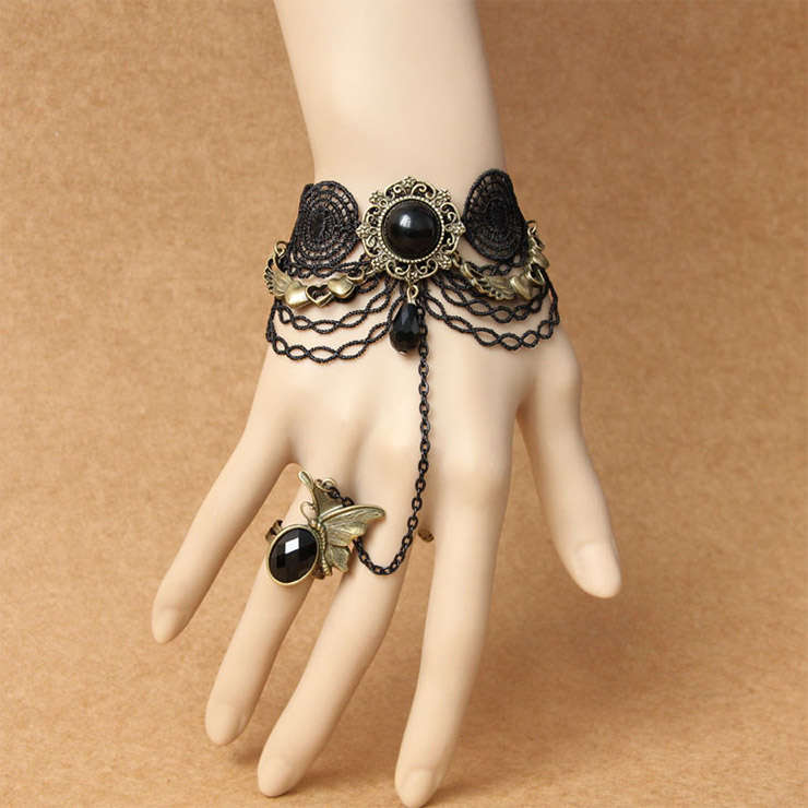 Victorian Gothic Black Floral Lace Wristband Gem Bracelet with Ring J18166