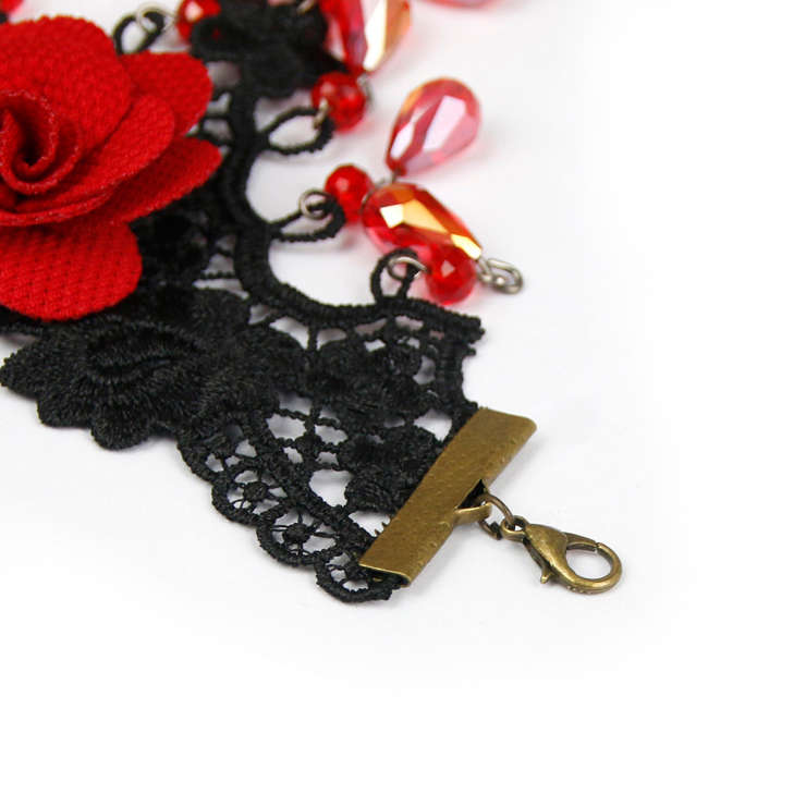 Gothic Red Rose Wristband Red Beads Embellished Bracelet with Ruby Ring J18168