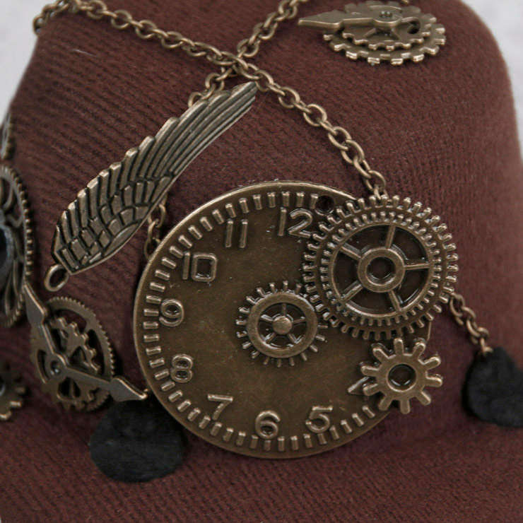 Steampunk Bronze Metallic Gear and Chain Masquerade Costume Bowler-hat Hair Clip J19524