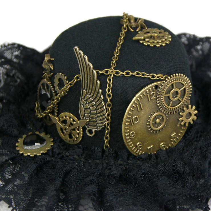 Victorian Gothic Black Lace and Bronze Gear Masquerade Costume Bowler-hat Hair Clip J19525