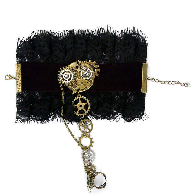 Victorian Gothic Black Floral Lace Wristband Bronze Gear Bracelet with Ring J19845