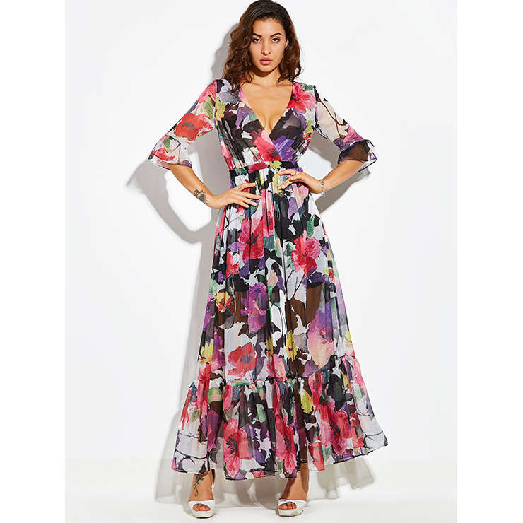 Women's Floral Wrap V Neck Three-Quarter Sleeve Bohemian Maxi Dress