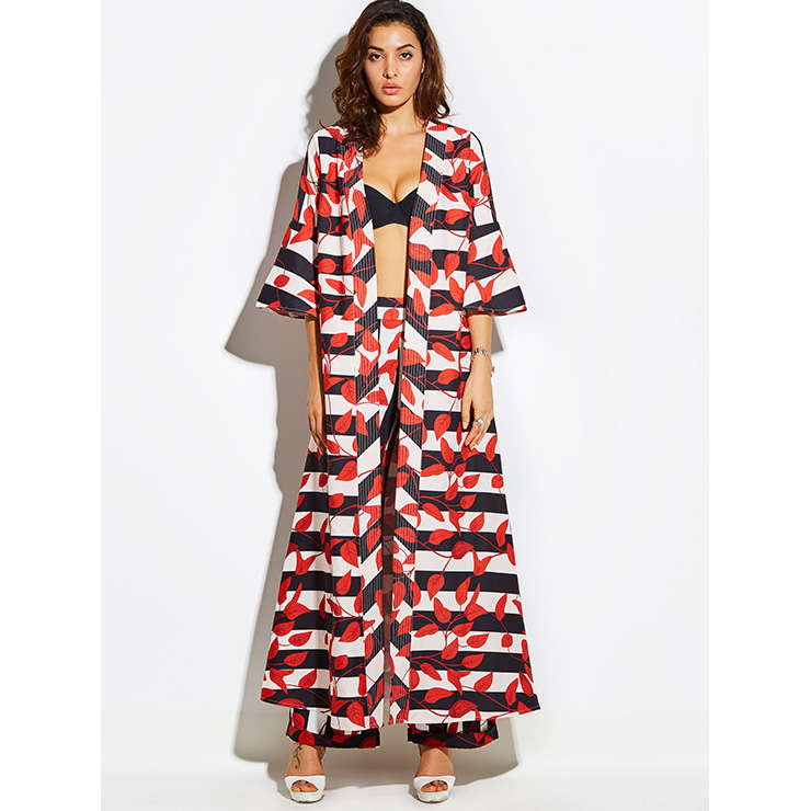 Women's Half Sleeve Stripe Red Leaves Pattern Trench Coat  N15814
