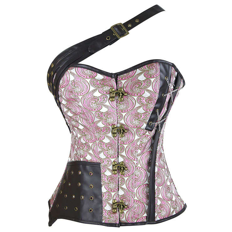 Fashion Pink Steampunk Floral Faux Leather Jacquard Splicing Plastic Boned Buckle Overbust Corset...
