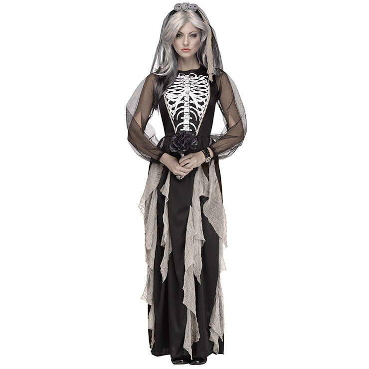 Adult Bones Printed Ghost Bride Dress Vampire Halloween Costume N18144