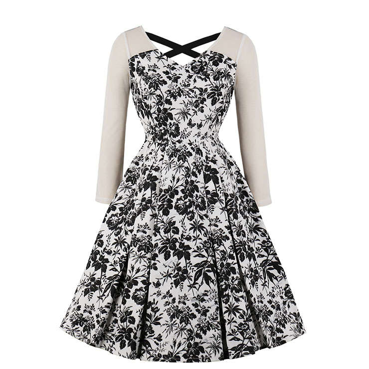 Vintage Black-white Floral Printed Long Sleeves High Waist Midi Dress N18215