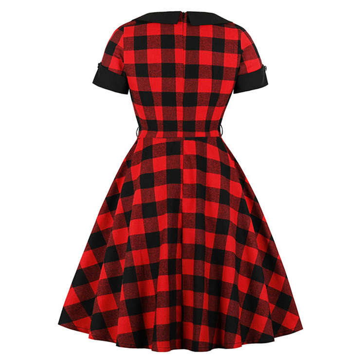 Vintage Red and Black Plaid Pattern Turn Down Collar Short Sleeves High Waist Midi Swing Dress wi...