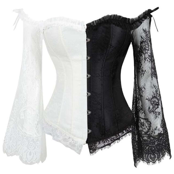 Victorian Gothic Black and White Plastic Boned Floral Lace Overbust Corset with Organza High Low ...