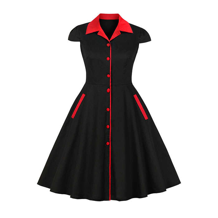Vintage Black and Red Chinoiserie Lapel Short Sleeves Reformed Cheongsam High Waist Midi Dress N1...