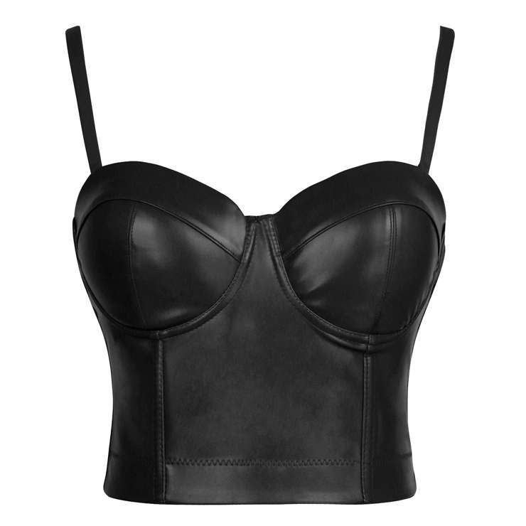 Sexy Matt Black PU Spaghetti Straps Bustier Bra Corset Clubwear Crop Top N18624