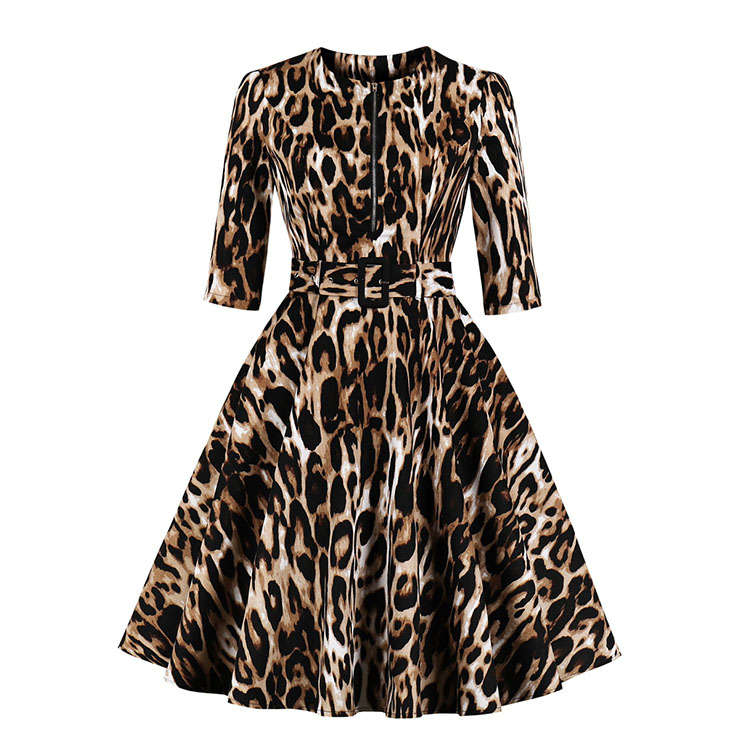 Vintage Leopard Print Front Zipper Round Neck Half Sleeve High Waist Dress with Belt N18670