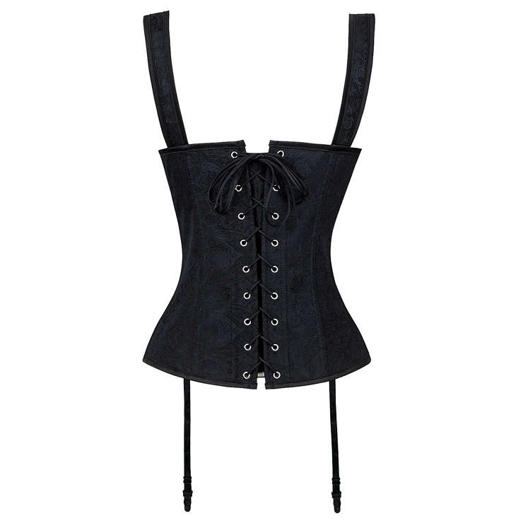 Gothic Style Black Jacquard Boned Wide Straps Lace Up Bustier Vest Corset N18708
