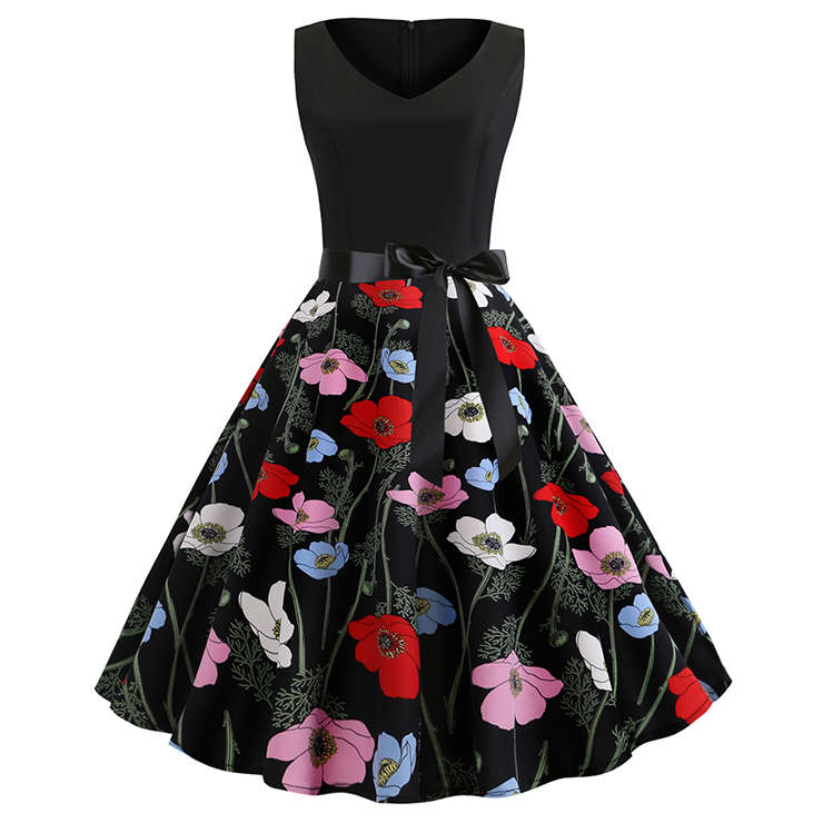 Vintage V Neck Black Bodice and Colorful Flower Pattern Splicing Sleeveless Summer Swing Dress N1...