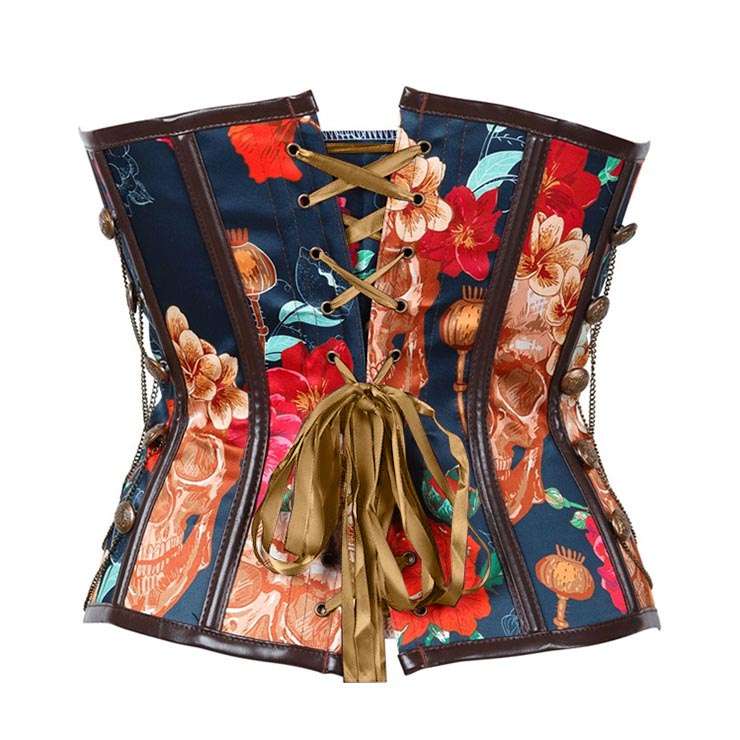 Steampunk Floral Print Steel Boned Busk Closure Strapless Outerwear Corset N20882