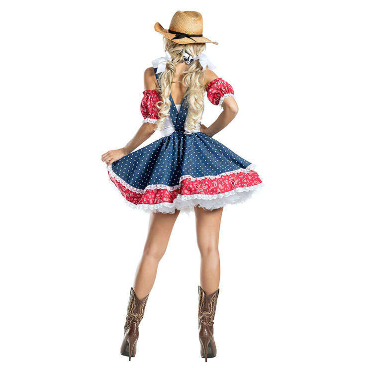 Sexy Cowboy Girl Polka Dots Suspenders Mini Dress Adult Cosplay Costume With Hat N20988
