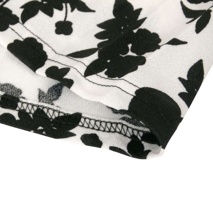 Vintage Black and White Patchwork Floral Print Round Neck Flying Sleeves High Waist Midi Dress N2...