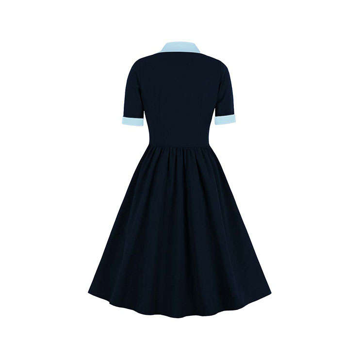 Vintage Tie Collar Front Button Short Sleeve High Waist Cocktail Party Midi Dress N21603