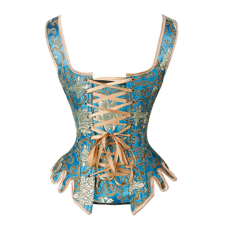Gothic Brocade Wide Shoulder Straps 14 Steel Bones Wavy Hem Waist Cincher Overbust Corset N21873