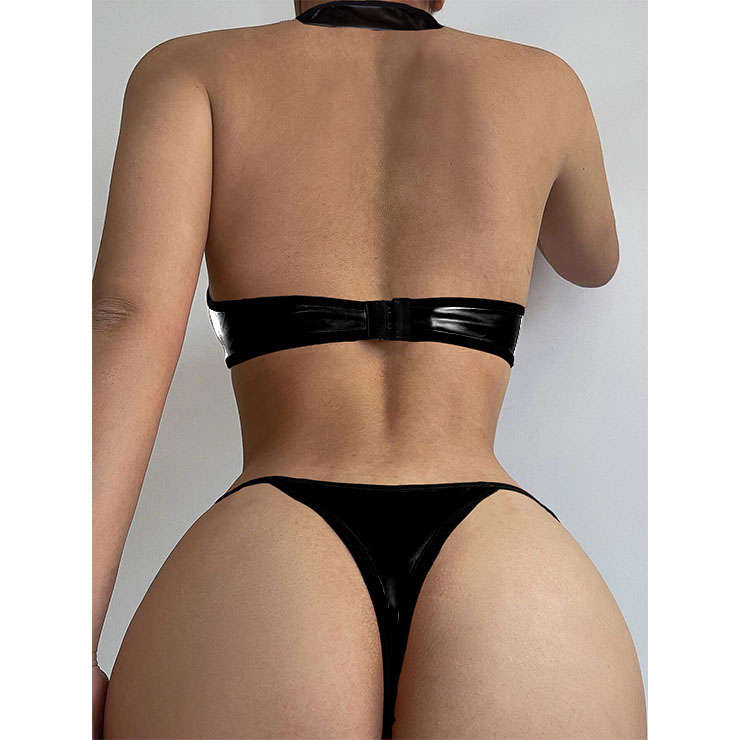Erotic Wet-look PU Bandage Halter Choker Cut-out Elastic One-piece Bodysuit Teddies Lingerie N22039