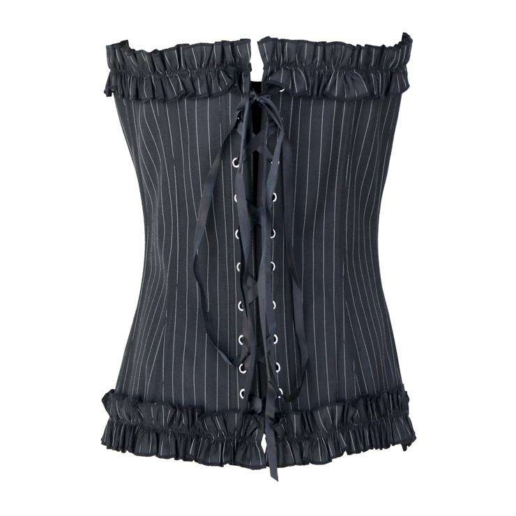 Classical Black Strapless Ruffle Pinstripe Secretary Overbust Corset N5162