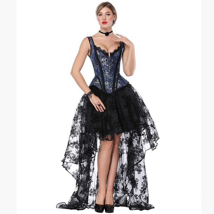 Vintage Wide Shoulder Straps Jacquard Overbust Corset High-low Organza Skirt Set N17477